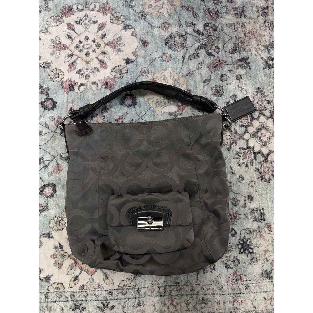 Coach Kristin OP Art Sateen Signature Silver Gray Hobo Bag Purse 23742E